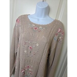Vtg 1990s Embroidered Pearl Heart Flower Cable Knit Sweater Cottage Tan Tunic M